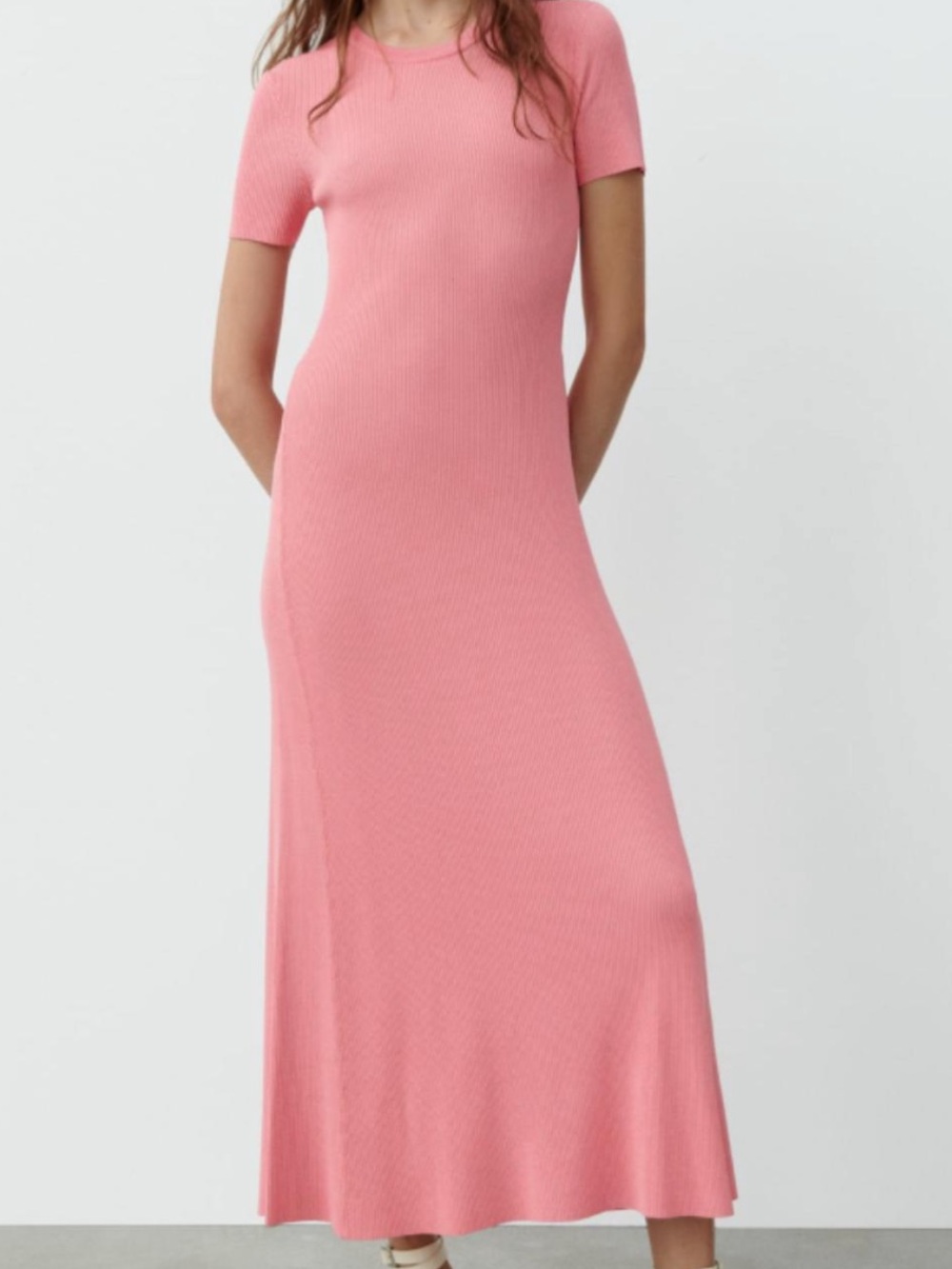 Zara Pink Short-Sleeve Ribbed Maxi/Midi Dress